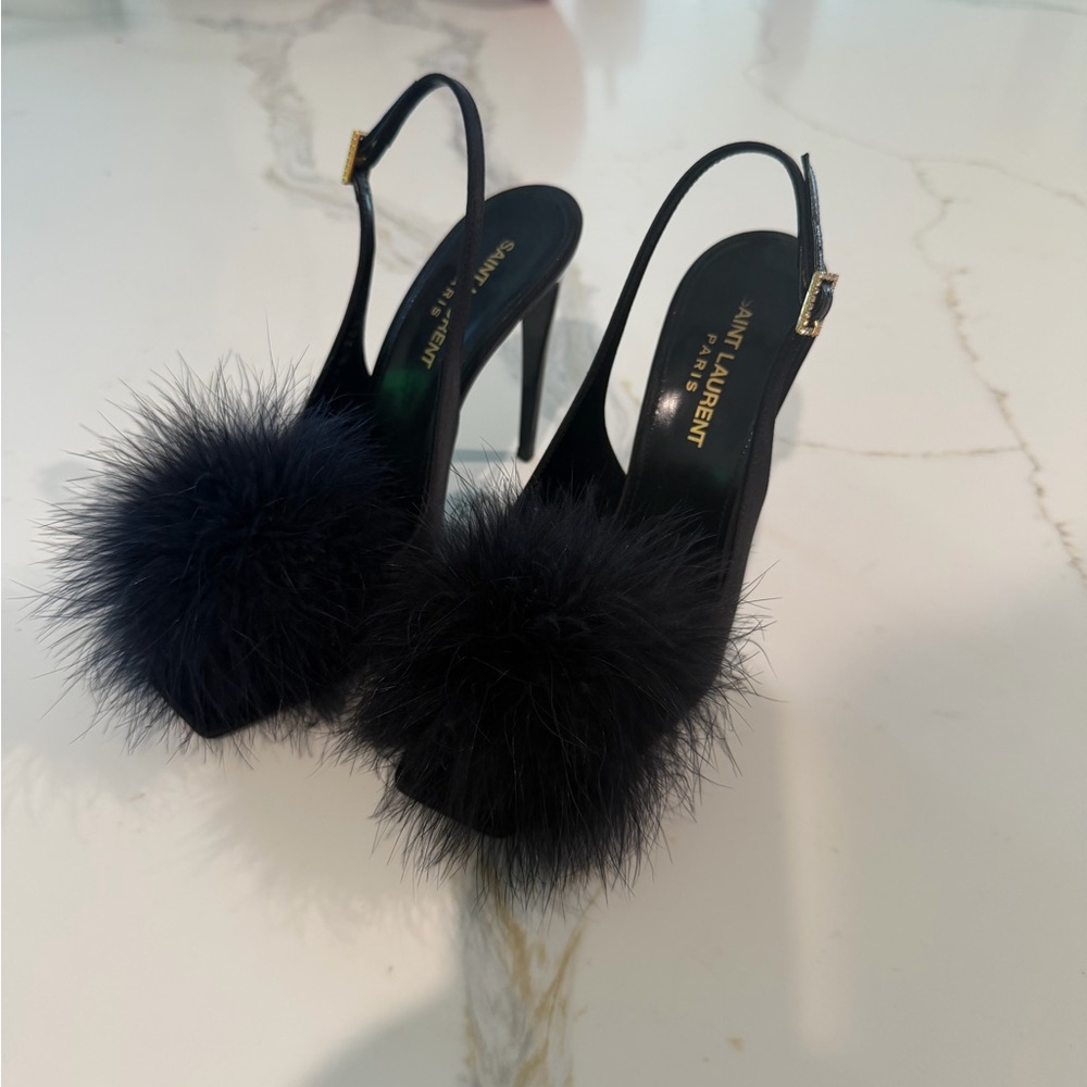 Saint Laurent Black Slingback Heels with Fur Pom-Pom